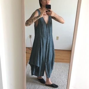 BLUE LINEN BUTTON V DRESS